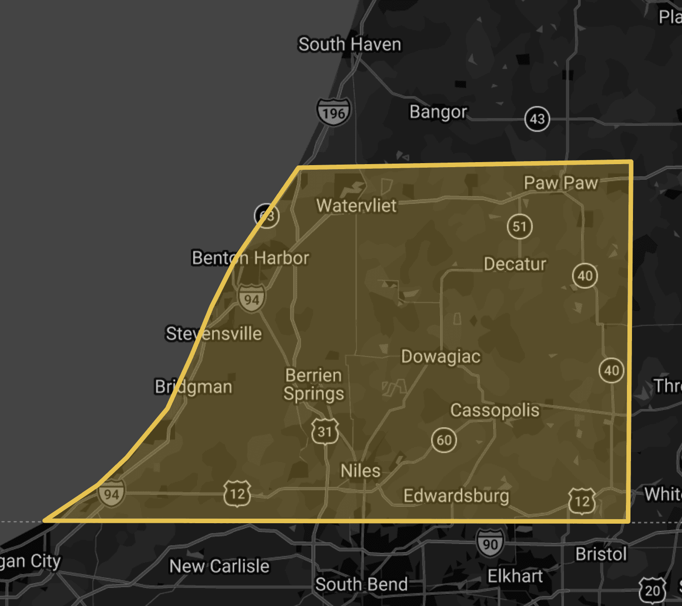 Map of Bond Welding Service's service area covering Southwest Michigan and Northern Indiana